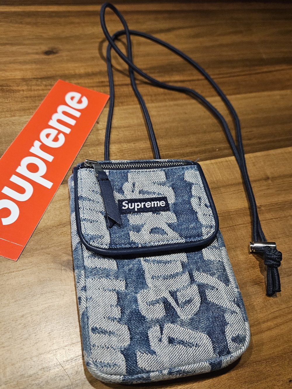Supreme Blue Denim Logo Crossbody Pouch with Navy Strap